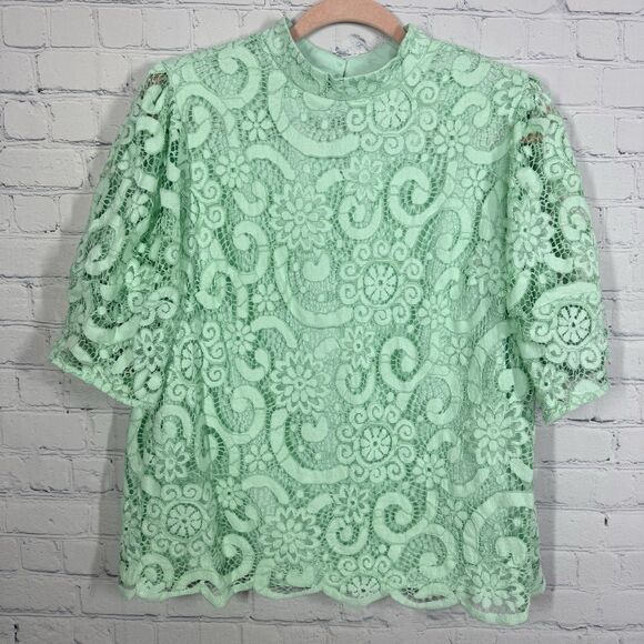 Nanette Lepore Blouse Women XL Mint Green Leopard Print Lace Crochet Cottage - Picture 1 of 11